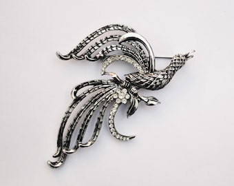 Big Bird Of Paradise Brooch - 1980's Vintage Statement Brooch - Silver Plated w/ Clear Crystals - Made in England