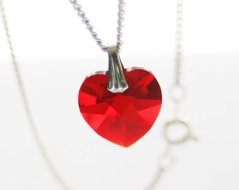 Red Swarovski Crystal Heart Pendant w/ Silver Plated Chain Necklace // Made in England