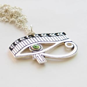 Eye of Horus Pendant - Greek Mythology Egyptian Necklace - Silver Plated w/ Peridot Swarovski Crystal - Made in England