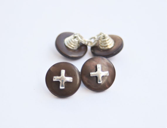 Blue Resin Button Cufflinks w Silver Cross 1980/'s Vintage Cufflinks Mens Gift Idea