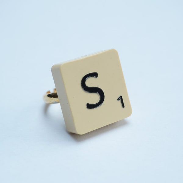 Vintage Scrabble Ring, Letter S Ring, Gold Plated Adjustable Ring, Quirky Gift Idea