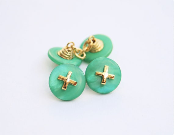 Blue Resin Button Cufflinks w Silver Cross 1980/'s Vintage Cufflinks Mens Gift Idea