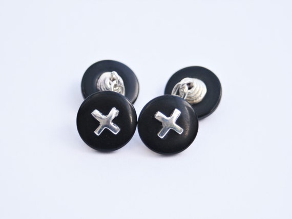 Blue Resin Button Cufflinks w Silver Cross 1980/'s Vintage Cufflinks Mens Gift Idea