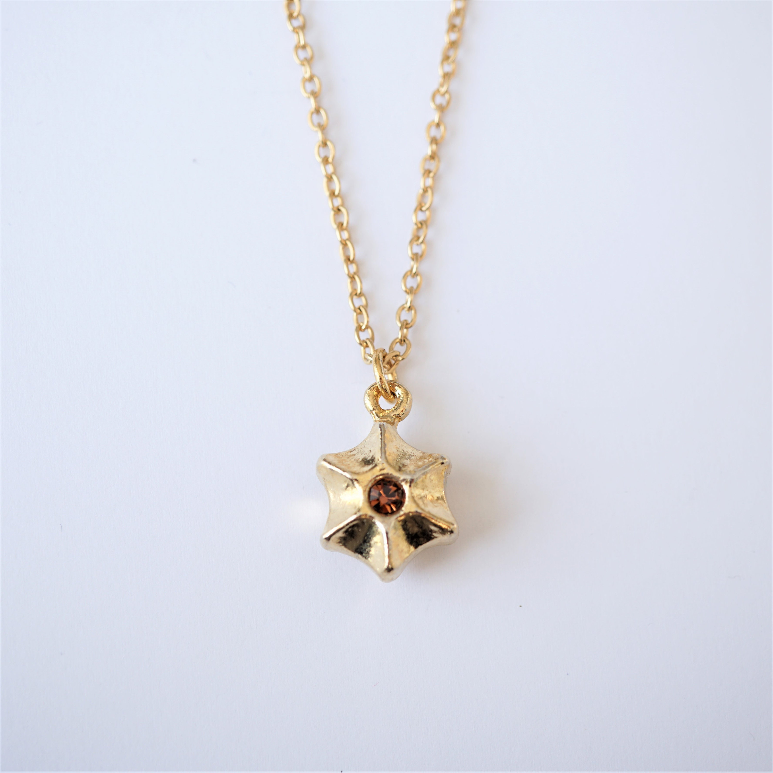Vintage Gold Star Pendant Necklace: 1970s Topaz Crystal, 22