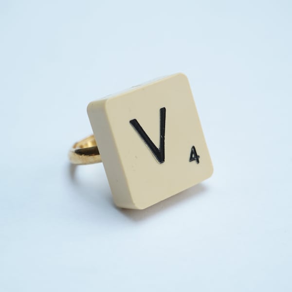 bague Scrabble vintage, bague lettre V, bague ajustable plaquée or, idée cadeau originale