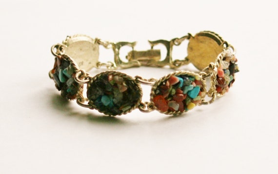 Vintage Retro 1970's Silver Plated Ladies Bracelet with Mixed Gemstone Chippings