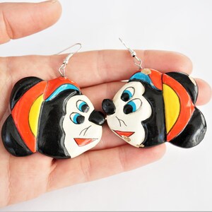 Kolczyki Vintage Cartoon Mouse, Duże kolczyki z francuskiego ręcznie malowanego drewna, Duże kolorowe kolczyki Vintage Statement, Biżuteria festiwalowa