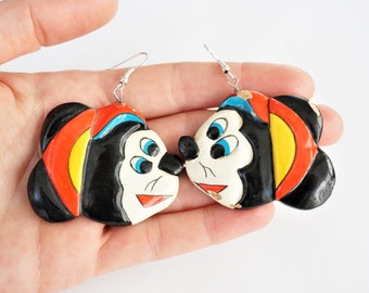 Vintage Cartoon Mouse Earrings, Oversized French Hand Painted Wood Earrings, Big Colourful Vintage Statement Earrings, Festival Jewellery