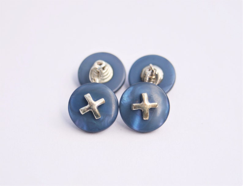 Blue Resin Button Cufflinks w Silver Cross 1980/'s Vintage Cufflinks Mens Gift Idea