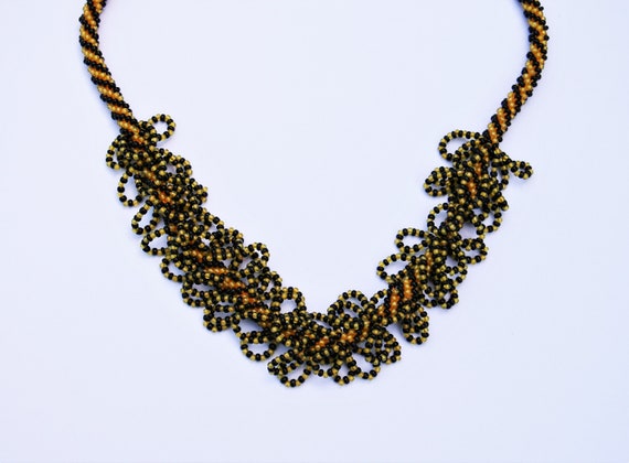 Retro Orange & Black Woven Seed Bead Necklace // … - image 3