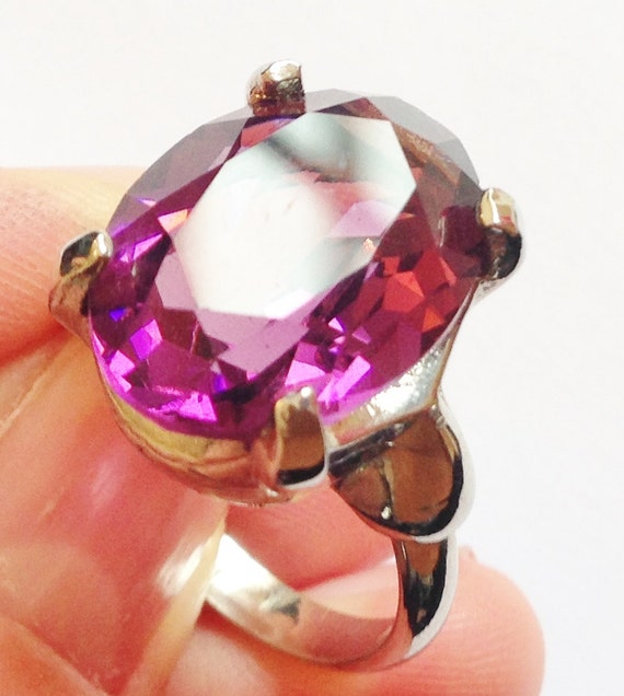Vintage Amethyst Swarovski Crystal Ring - 1970s Silver Tone