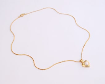 Gold Heart Necklace - Gold Plated Pendant w/ Faux Pearl - 90's Vintage Costume Jewellery