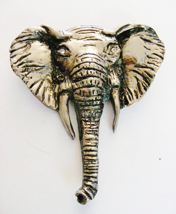 Large 1980's Antiqued Elephant Head Brooch Set Wi… - image 1