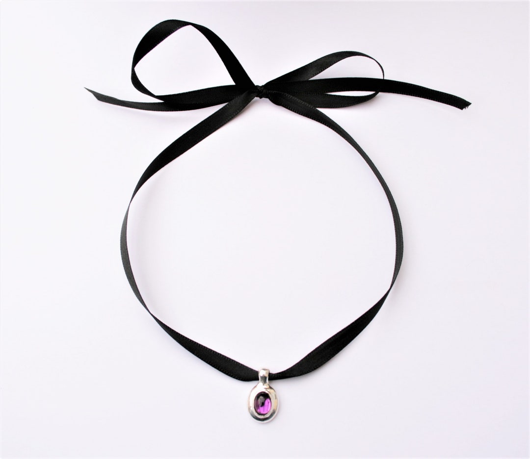 Black Ribbon Choker With Silver Plated Amethyst Pendant | 90's Vintage ...