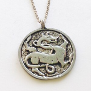 Pu&ograve; includere: Una collana con un ciondolo in argento che presenta un design circolare con un drago o una creatura mitologica stilizzata in rilievo.