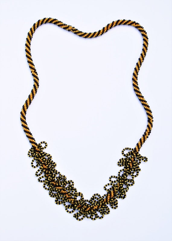 Retro Orange & Black Woven Seed Bead Necklace // … - image 1