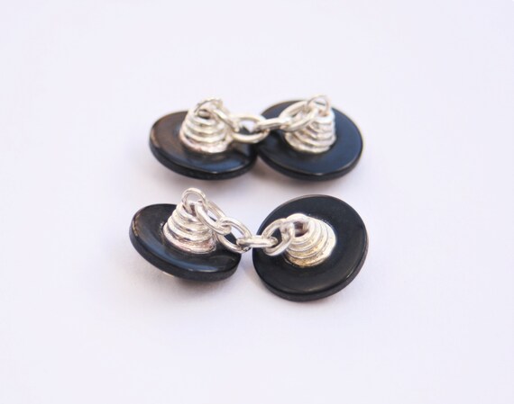 Blue Resin Button Cufflinks w Silver Cross 1980/'s Vintage Cufflinks Mens Gift Idea