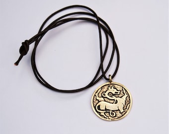 Vergoldeter Herren Drachen Anhänger - Viking Style Brown Cord Halskette