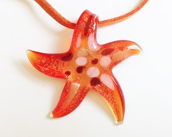 Orange Glass Starfish Necklace: Gold Leaf Effect, Kids Size