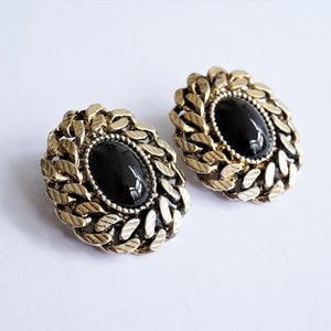 Huge 1980's Black & Gold Oval Shape Clip Ons - Vintage Statement Earrings - British Made - Signed DMJ