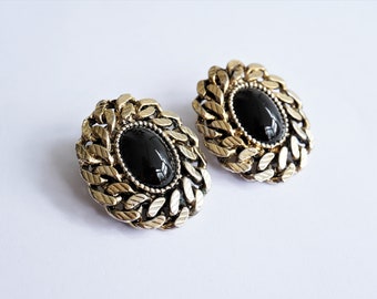 Boucles D'oreilles Clips Dorées Avec Cabochons Noirs - Bijou D'occasion