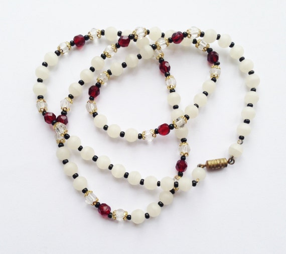 Collier Vintage Unique Perles Verre Rouge Rubis Et Gris - Bijou Ancien Authentique