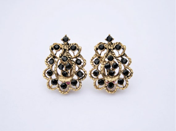 Big Gold Teardrop Earrings W Black Swarovski Crystals Oversized
