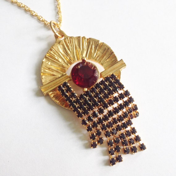 Art Deco Geometric Abstract Gold Pendant w/ Red &… - image 2