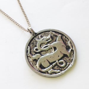 Pu&ograve; includere: Una collana d'argento con un ciondolo rotondo che presenta un'immagine stilizzata e dettagliata di una creatura mitologica. Il ciondolo &egrave; attaccato a una catena d'argento.