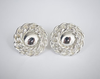 1990's Silver Tone Clip On Earrings // Round Disc Earrings // Made in England // Ladies Costume Jewellery // Clip On's