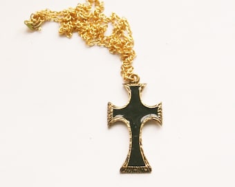 Retro 70's Black Enameled Gold Cross Pendant // Gold Plated w/ Long Chain // Made in England // Signed JEM 1974