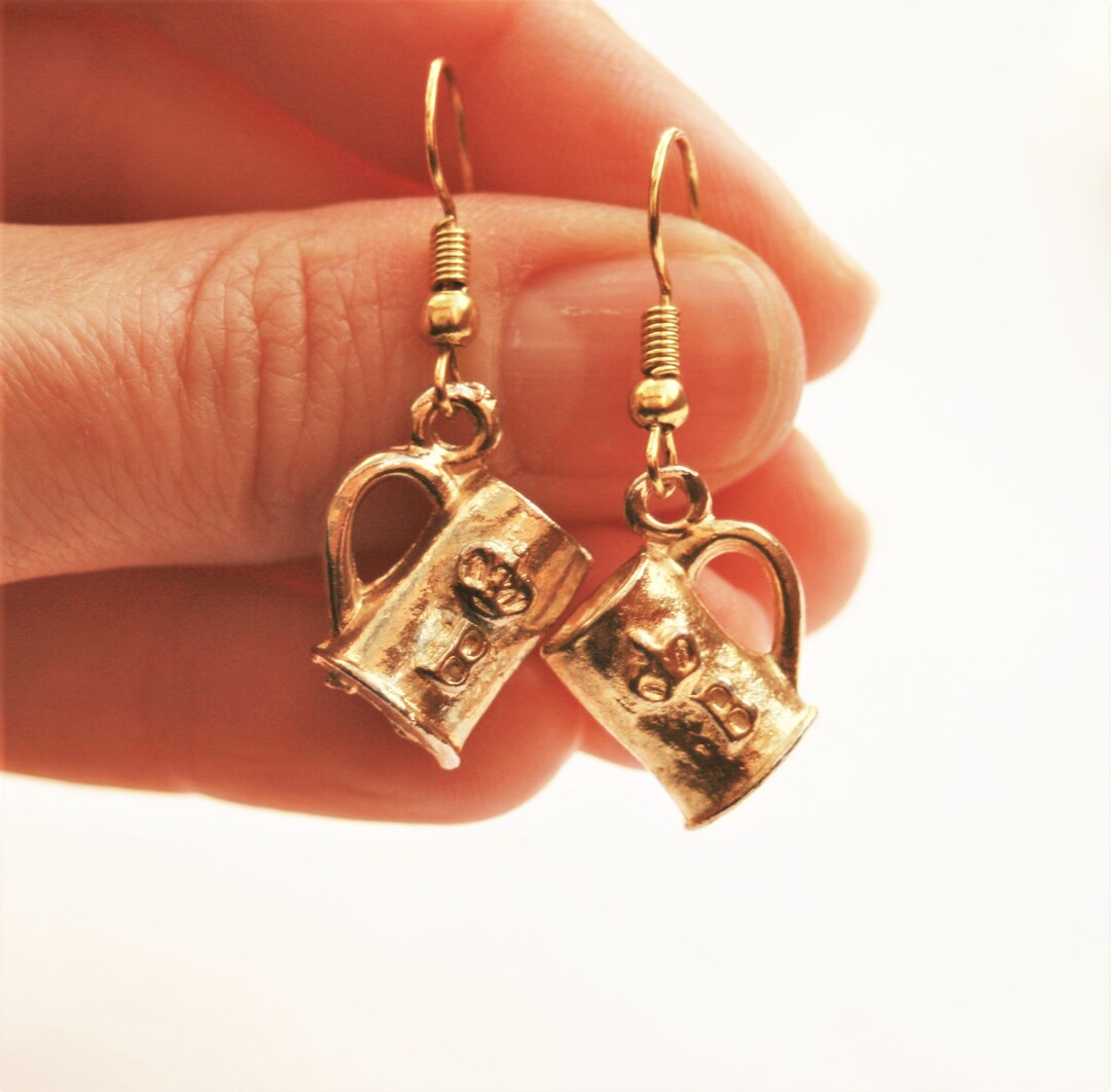 Gold Beer Mug Earrings Dangly Gold Plated Earrings Unusual Etsy
