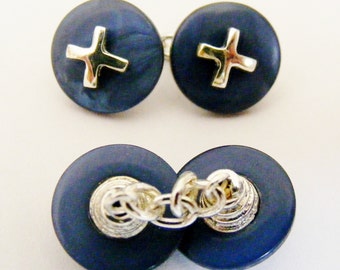 Boutons De Manchette Vintage – Argenté Et Résine Noire – Diamètre 0,5 Cm – Occasion
