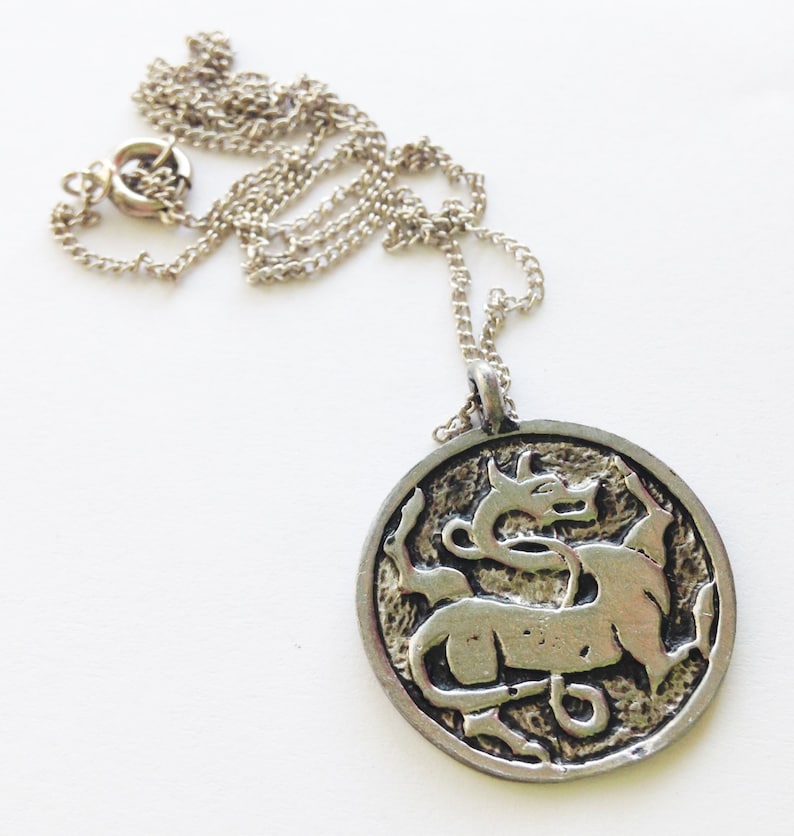 Pu&ograve; includere: Una collana con catena d'argento con un ciondolo rotondo che presenta un design di drago stilizzato e dettagliato.