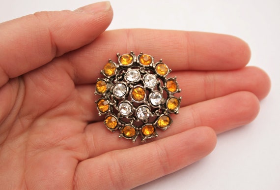 Topaz & Clear Crystal Brooch - Circular Silver Pl… - image 5