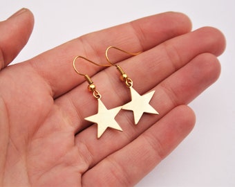 Gold Star Earrings | Dangly Star Shape Ladies Earrings | Vintage Drops | Made in England