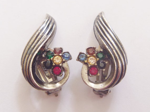 Vintage 80's Coloured Crystal Clip On Earrings //… - image 1