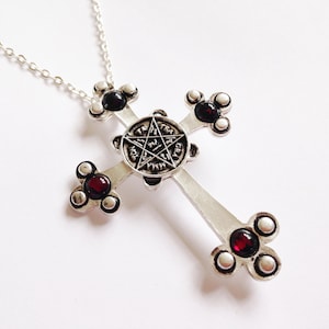 Large Gothic Cross Pendant // Silver Plated w/ Red Crystals // Made in England