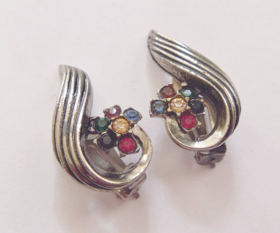 Vintage 80's Coloured Crystal Clip On Earrings //… - image 2