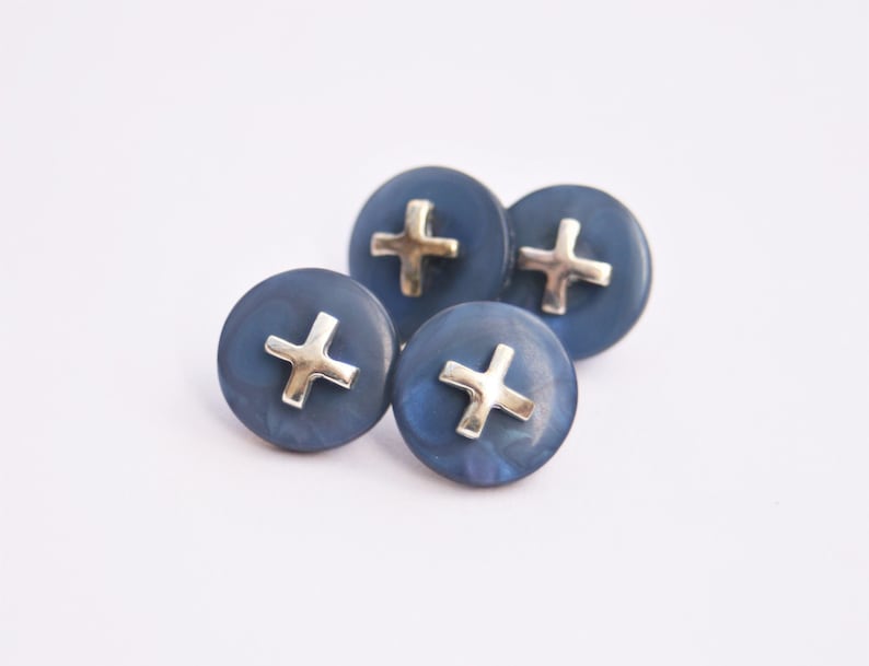 Blue Resin Button Cufflinks w Silver Cross 1980/'s Vintage Cufflinks Mens Gift Idea
