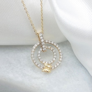 14k Gold Double-circle necklace with Cubic Zirconia/14k gold pendant/Gold Butterfly pendant/Perfect gift for anniversaries or birthday