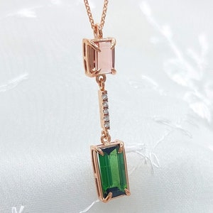 14k Rose Gold Necklace with Diamonds & Natural Pink - Green Tourmalines/ Diamonds Gold Necklace/14k Rose Luxury Gold Jewelry/Greek Designer