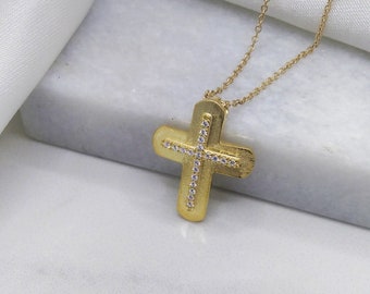 Modern solid orthodox cross 14k from Greece with precious stone/Baptism cross necklace/18k solid diamond cross/Engagement gold cross for her