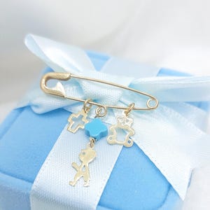 Gold Baby Brooch Pin with Blue bead & Gold Charm/9k Baby Protection Pin/Solid Gold Safety Pin/Baptism Gift/NewBorn Amulet/Good Luck Gold Pin