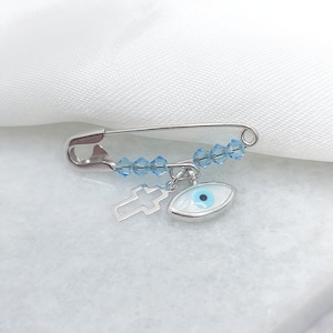 Gold Baby Brooch Pin with  Evil Eye Charm & Cross/9k White Gold Baby Protection Pin with Blue Crystals/Solid Gold Safety Pin/Baptism Gift