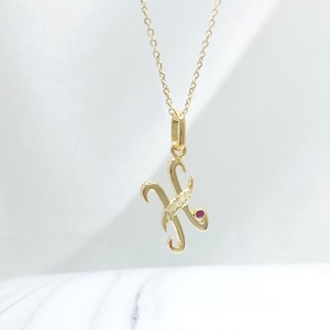Colgante con monograma de oro macizo de 14 k, collar con inicial de 14 k con Ryby, collar con inicial personalizado para mujer, joyería personalizada con letras delicadas de oro de 14 k