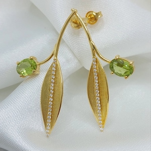 18k Diamond Gold Olive Leaf Earrings/Peridot Gem Stone/Diamond Leaf Earrings/Solid Gold Jewelry/Gold Olive Leaf/Greek Gold Jewelry/