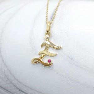 Lujoso collar con inicial de oro de 14k y detalle de rubí. Joyas personalizadas para ella. Colgante con letra de oro macizo de 14k. Collar con letra delicada de 14k.