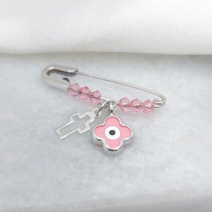 Baby Girl 9k Gold Brooch Pin with Roze Eye Charm & Cross / Baby Protection Pin with Roze Crystals / NewBorn Baby Gold Amulet/Safety Pin