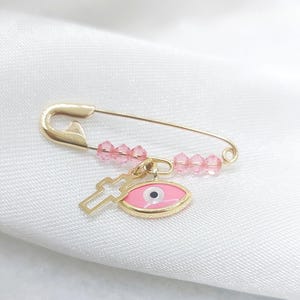 Baby Girl 9k Gold Brooch Pin with Roze Evil Eye Charm & Cross / Baby Protection Pin with Roze Crystals / NewBorn Baby Gold Amulet/Safety Pin